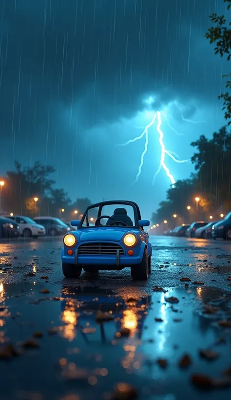 A dramatic scene of a dark parking lot as a fierce storm rolls in. Heavy rain pours down, creating puddles, and lightning strikes in the background. Sparky, the small blue toy car, sits in the middle of the parking lot, surrounded by rising water. The wind...