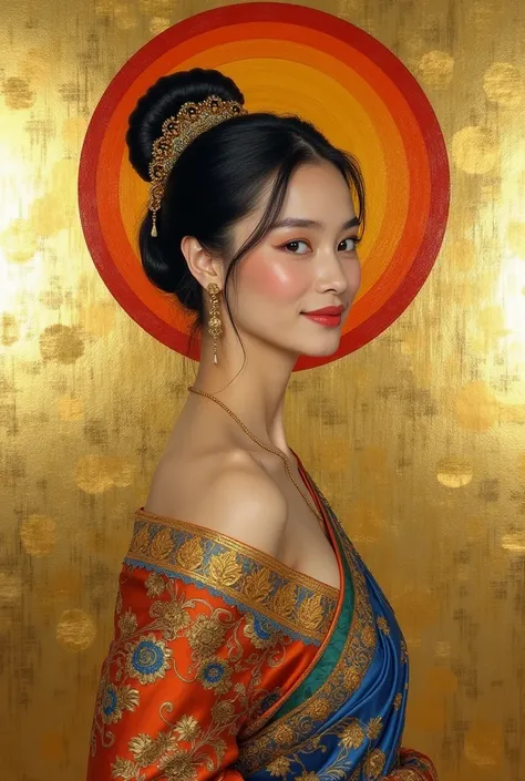 Portrait Sketch of a thin fabric wearing  Thai woman  smiling in a red yellow gold blue  reflective circle  gold background style Gustav Klimt 
