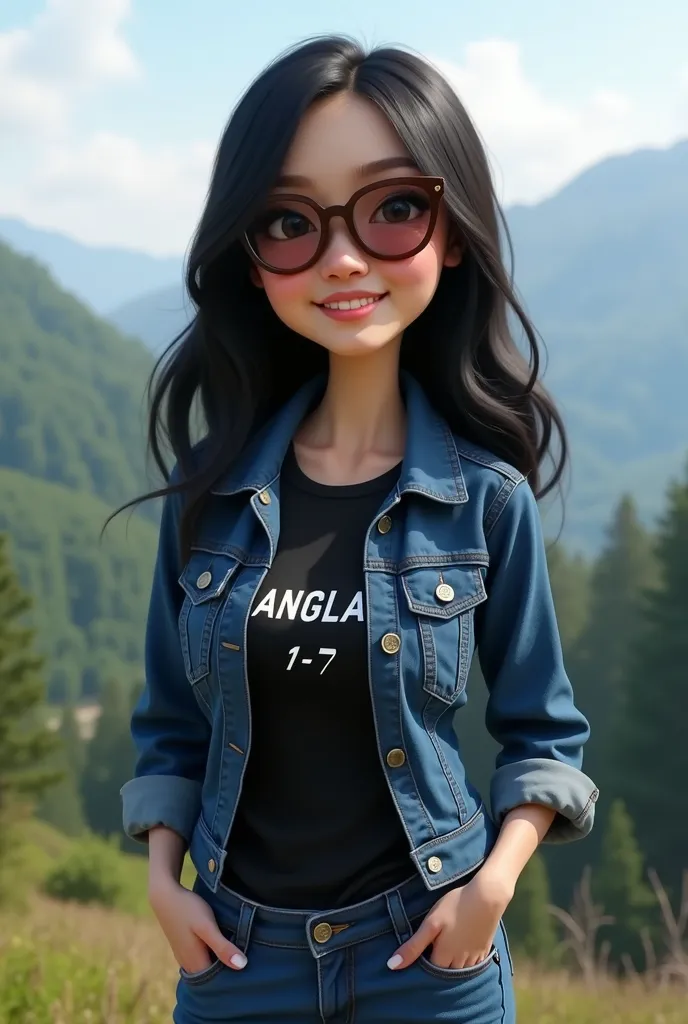  3D caricature, Short Young Filipino Woman, Long Black Hair, Blue Jeans Jacket, Black T-Shirt, wearing brown sunglasses, the name SANGLAY 1-7 written on the front of her T-Shirt, Blue Jeans, smiling photo facing the front, Mountains Forest background, High Resolution, Front view