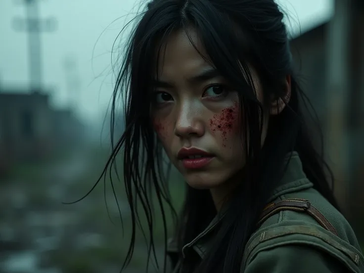 Create a dark and atmospheric YouTube thumbnail inspired by Project Zomboid, featuring a close-up of a beautiful Asian woman with a serious and determined expression. Her face should be the focal point, clearly visible and highlighted, placed on the left s...