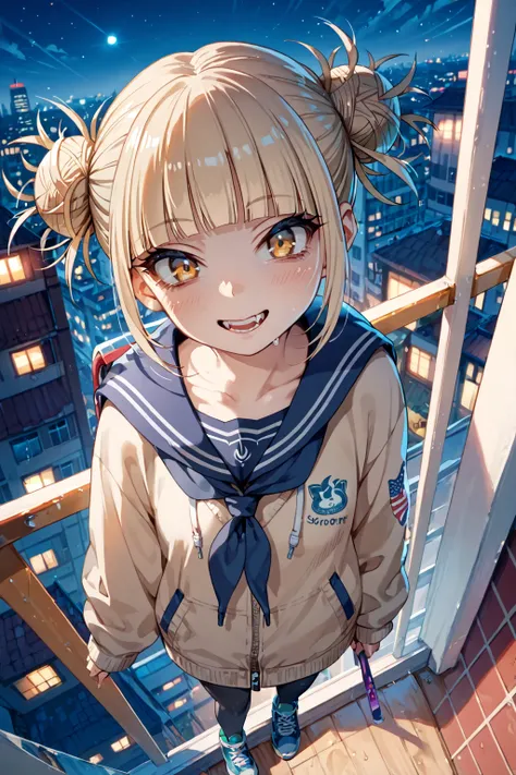 whole body　 Toga Himiko　run　From above at an angle　 Skyscrapers　night