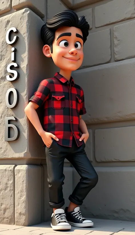 4d logo name, (CRIS ROB), a 25 year old male caricature, with a skin color similar to a real human, short black hair, clear wrinkles, wearing a black and red checkered panel shirt and pants and shoes, posing leaning against a stone wall, the name (CRIS ROB...