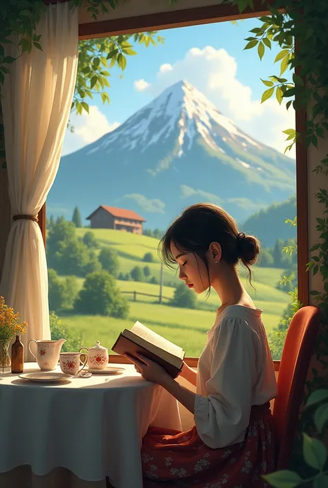 There is a girl reading a novel & listening a song near the tea tabale in her farm house and there is a mountain peak view around the farm house