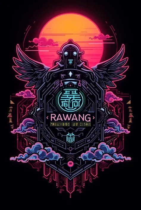 flat-colors, ((black backdrop)) . neon colors, high detailed, High Resolution, Sticker, cyberpunk, sun rise, japanese clowd, Coat of arms with the name: RAWANG REPUBLIC