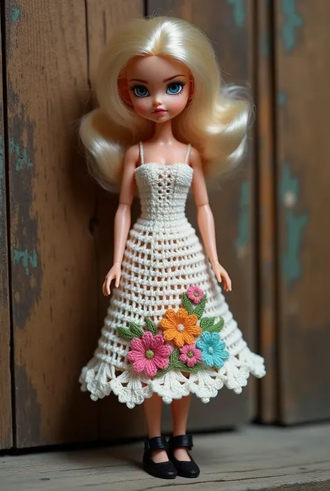  A beautiful Barbie doll wearing a crochet dress with a low stitch, angry, fair, embroidered on colorful flowers ,  she wears a nice embroidery and a black shoe .
 She is on a wooden wall .