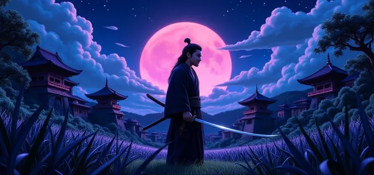 This is a cartoon painting full body to toe with striking blue and pink gradations. The swordsman Miyamoto Musashi had a large body like a strong man. Japanese Samurai. was syanding in the dark of night, his shoulder-length black hair was tied back, and hi...