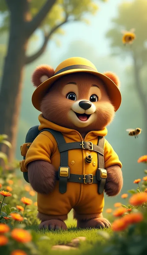 Fantastic. High detail. 8K. Dynamic plot. Anthropomorphic cute beekeeper bear. In the form of a beekeeper. In the forest. Mischievous smile, photorealism.