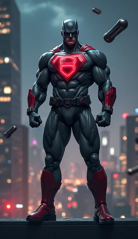 A muscular physique superhero with grey-red color theme superhero suit. he was standing tall on a rooftop of the building in a city. theres a few round-thinpe grey object flying circling around him . theres a big letter B on his chest . Night time .