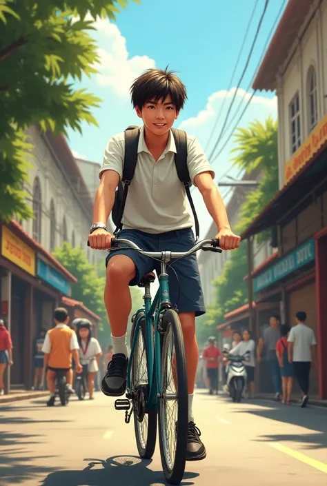 AI image of male Thai student riding a bicycle to school