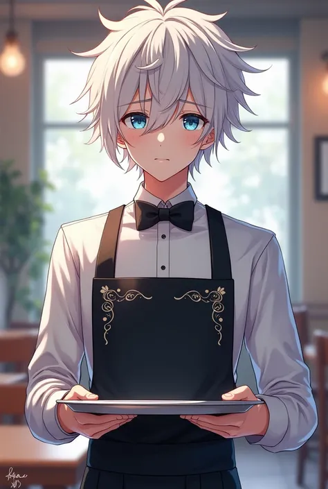  A male anime character with white hair(messy)And with blue eyes and waiter clothes 