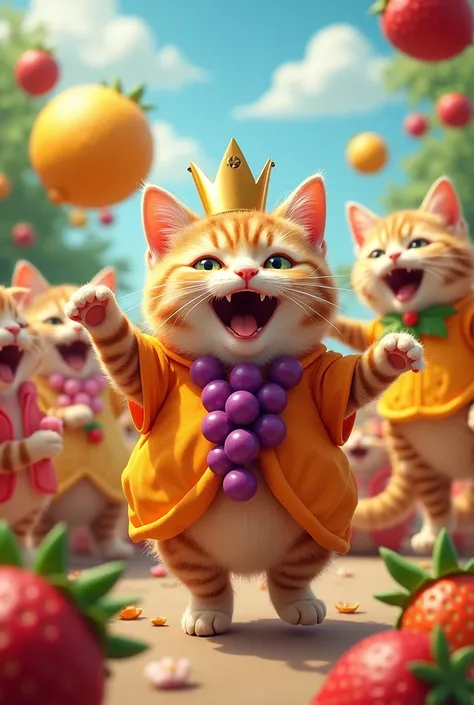 a group of fruits are rejoicing over the selection of the fruit king at one of the local fruit ceremonies
but make it into a cat that wears fruit costumes and make them full of joy and memes