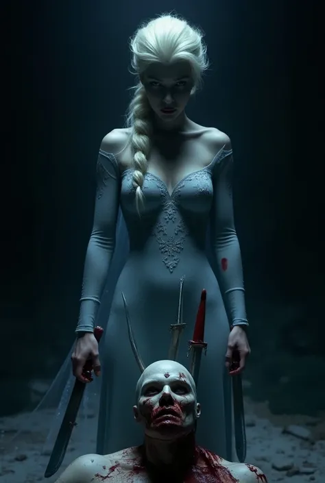 Hight quality, realistic, very beautiful elsa frozen, male neck bloody splashed, elsa frozen big breast, male full mask, several long knife stuck into male neck, male hanging, male die, Disney elsa frozen