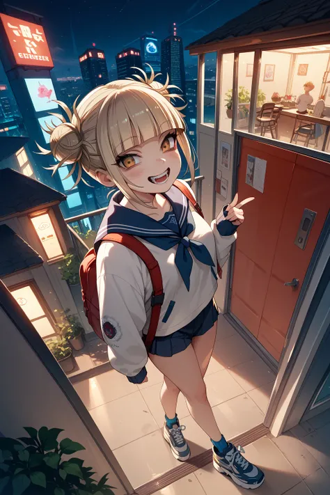 whole body　 Toga Himiko　run　 from directly above　 Skyscrapers　night