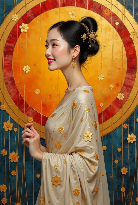 Portrait Sketch of a thin fabric wearing  Thai woman  smiling in a red yellow gold blue  reflective big circle  gold background style Gustav Klimt 
