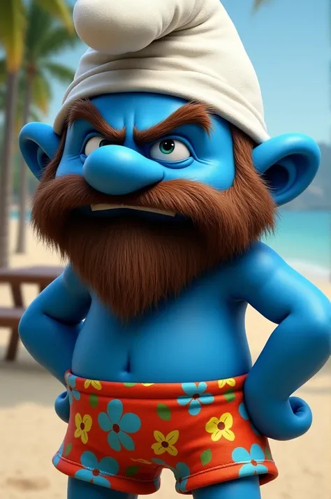  Id like a drawing of a grumpy Smurf,  that Im a cook ,  that doesnt have a mustache ,  and with a beard like  ,4 days .  Im wearing a Hawaiian swimsuit ,  and this angry 