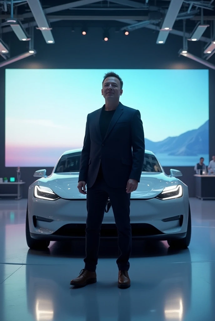 Elon musk with new creativity tecnology car
