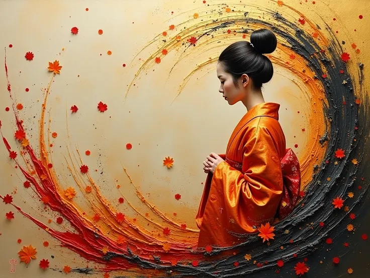 3D textured painting of a Japanese woman in an elegant orange and gold kimono, standing serenely next to an abstract wave created with splashes of thick gold paint and Indian ink. The paint appears dynamically splashed and layered, suggesting motion and en...