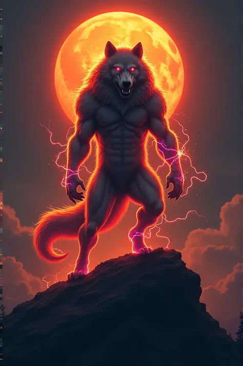 "A powerful werewolf stands on top of a rugged hill under an orange full moon, illuminated in the moonlight. Its body is wrapped in ethereal, colorful energy strands similar to glowing, flowing wires that wrap around its fur and limbs, creating an otherwor...