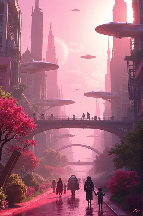  A city of the future with ships and cars flying,  robots , animals, families, aliens and may the whole city be pink  