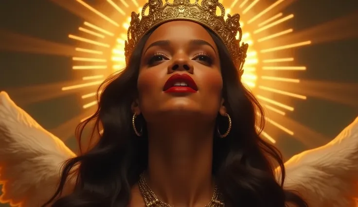 a beautiful rihanna pop singer worshiping jesus,highly detailed portrait,red lips,gorgeous eyes,beautiful face,ornate golden crown,long flowing hair,majestic golden halo,heavenly light,dramatic lighting,religious,ethereal,sacred,divine,renaissance style pa...