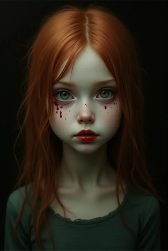 Redheaded girl with a little bit of blood on the corner of her mouth