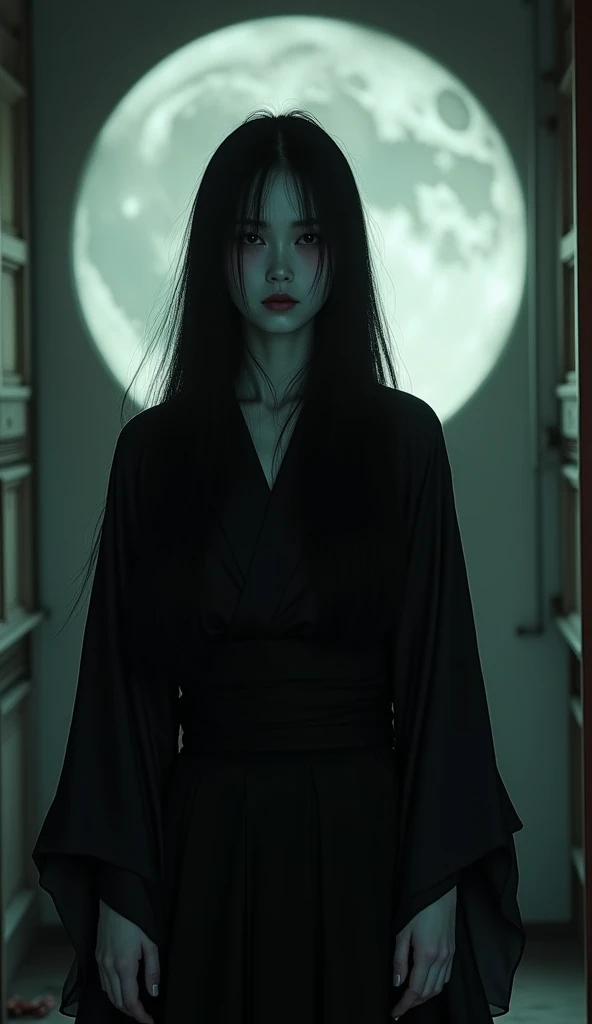  famous ghosts appearing in Japanese folklore   、Sadako ,  Generate image   ,    overall dark、Black clothes、 I reinterpret 、  as a beautiful and creepy woman looking out of her room . She has been a long time,      black hair flowing down to the waist     ...