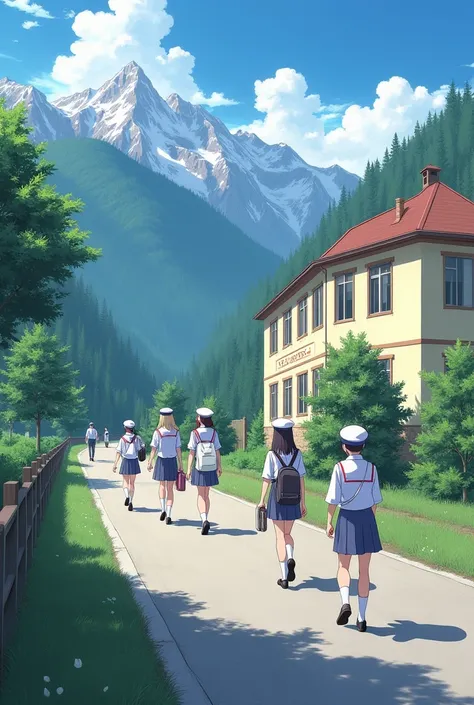 The school with the view on the side of the back road there is a mountain and the school is cream colored there are 4 female students wearing white ash uniforms of the high school carrying books and there are 3 male students wearing high school hats and we...