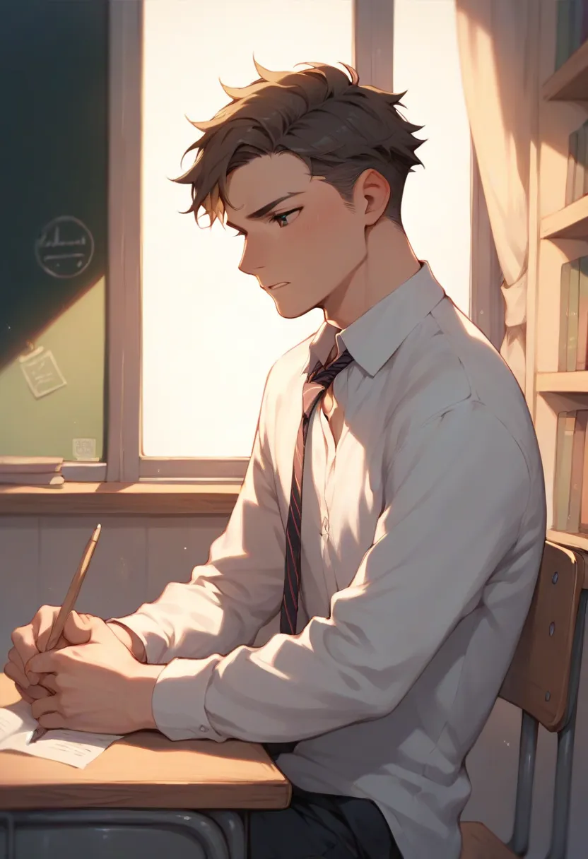 an  boy is in the classroom, reluctant machine, blackboard , bookshelf, sunlight outside the window