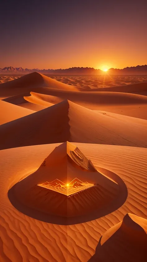 Desert Landscape: Create an image of a boundless desert with a bright sunset. Arabic hieroglyphics symbolizing the unity of God are carved on the background of a mountain