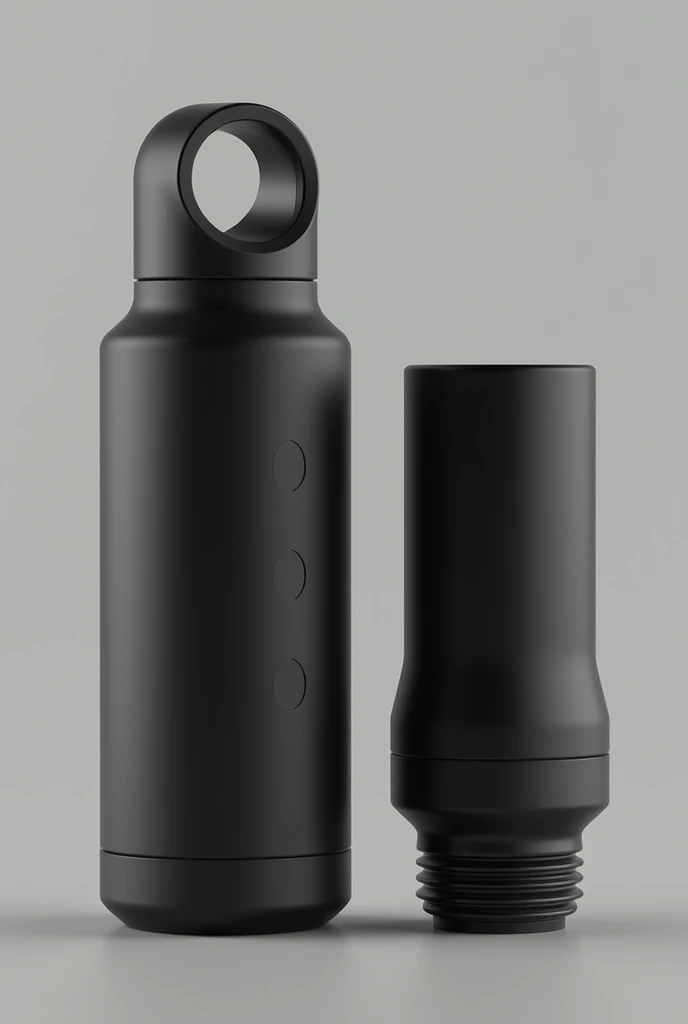 A black drinking flask that has 3 buttons that dispense hot cold or warm beverage of choice inside the flask. Make it have a lid with a small hole at the top of the lid