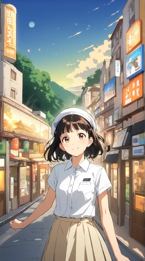 1 girl, ( cute face),  medium hair,  Upstyle ,  small breasts, Bus guide uniform,  white shirt,  Beige Skirts,  Pottery Skin , ( Graceful Posture:1.2), break,  bus,  bright lights in front of the temple, ( Vibrant Atmosphere :1.3),  Tourist Information Mat...