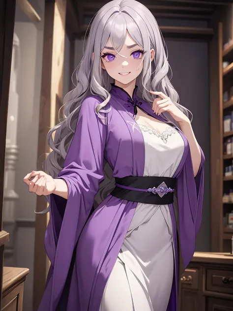 masterpiece, Best Quality,((1 woman)),  waist-length gray hair ,Wavy Hair, Morbidly white skin,Dark circles under the eyes, purple eyes,((( Detailed Eyes ))),Thin, troubled eyebrows,purple witch costume , purple robe , in a dark basement with medicine on t...