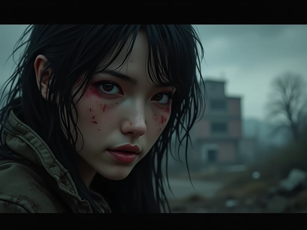 Create a dark and atmospheric YouTube thumbnail inspired by Project Zomboid, featuring a close-up of a beautiful Asian woman with a serious and determined expression. Her face should be the focal point, clearly visible and highlighted, placed on the left s...