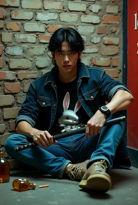  a handsome Korean man with mullet hair sitting on the floor holding a samurai katana , with posing style ,  the man is wearing a black t-shirt, a picture of a rabbit, a casual jacket, a black jacket, jeans, jungle shoes,, background shows cracked brick wa...