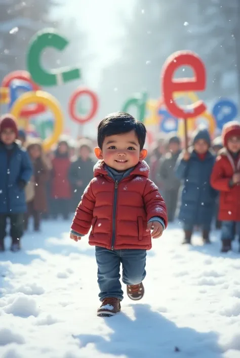 Create image of Google CEO Sundar pichai is walking in show behind him there is many people holding google logos, sundar pichai are looking like a  boy and hes little chubby and bit shorter height but looking perfect and smile on his face.