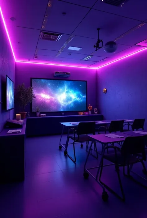 make a classroom that is made by arcade lights and 2 virtual reality set up 3 racing simulator set up on the back of the room make the floor had a neon lights two giants TV on the front and the back of the class room re-color the class room with a dark pur...