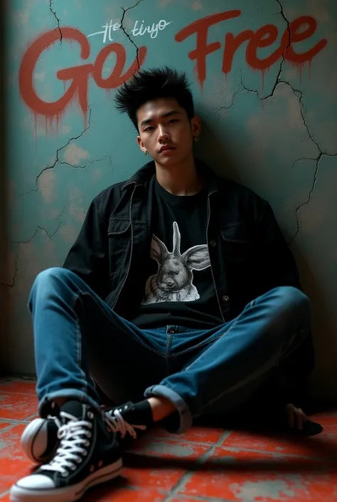 a handsome Korean guy with mullet hair is sitting on the floor, with posing style ,  The man wears a black t-shirt with a picture of a rabbit in a black casual jacket jeans jungle shoes,, The background shows a cracked brick wall with the name  " let me go...