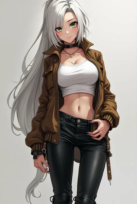 Kizi, pele caucasiana, 20 year, White hair, wearing black jeans, wearing black boots, White short tank top, with brown aviator jacket, greeneyes,curved body, cocked ass, medium breasts, cyberpunk atmosphere, Raby, アニメ, sexy pose lowering pants showing whit...