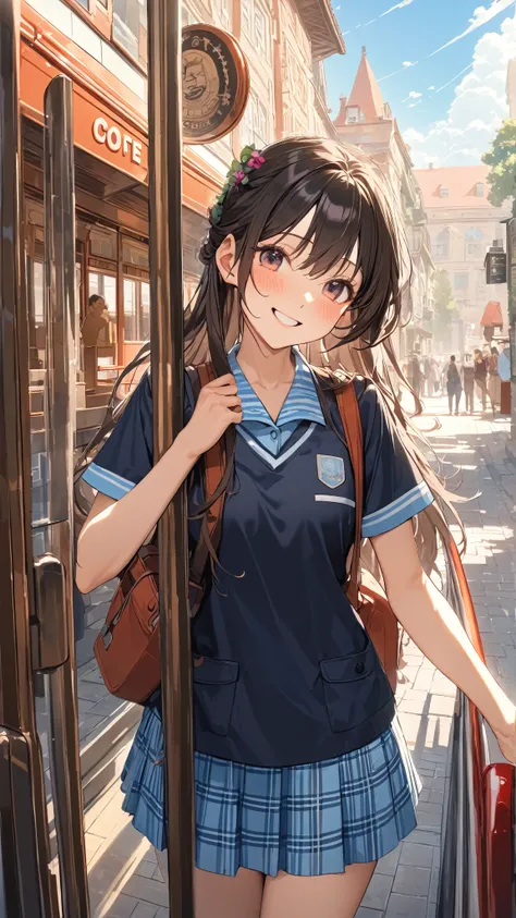 1 girl, ( cute face),  long hair, to many hairstyle,  medium breasts, Bus guide uniform,  Bright Colored Blouses ,  Plaid Skirts,  Pottery Skin , (Cheerful smile:1.2), break,  In Front of Tourist Attractions ,  Soft Sunlight , ( Joyful Atmosphere :1.3),  T...