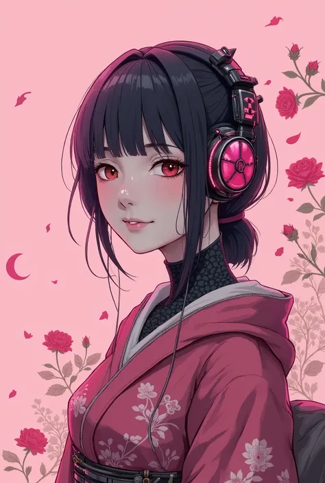 there is a woman with headphones on and a pink background, cyberpunk cyborg. roses, cyborg girl, beutiful girl cyborg, cyborg - girl, kind cyborg girl with flowers, cute cyborg girl, cyberpunk flowerpunk, cyberpunk garden, cyber aesthetic, japanese cyborg,...