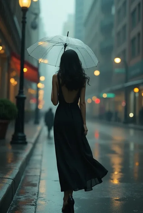 A beautiful woman walking down the street with an umbrella, raining a lot