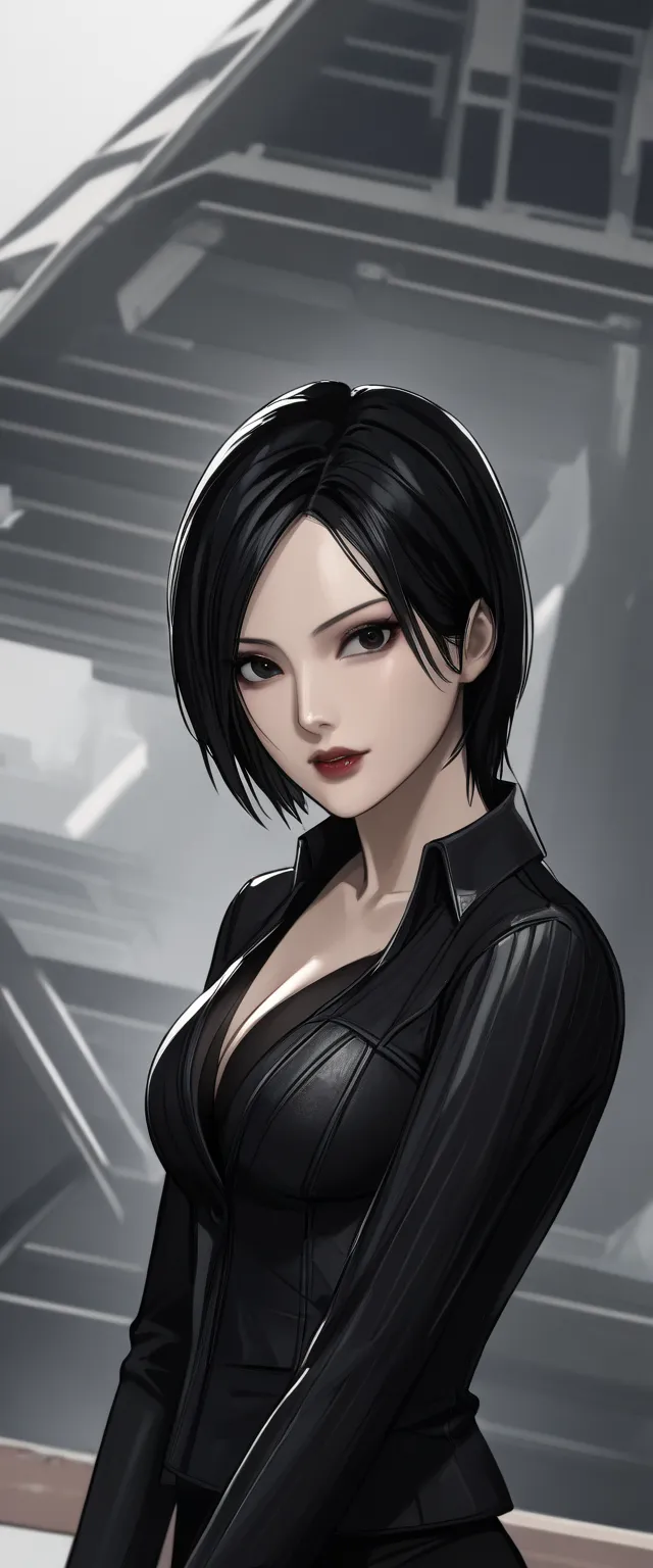 ((  Masterpiece  )), (familiar), precise, eyelash , (Resident Evil), (Ada wong), bare, ร่างbare, background, High Building Deck , Short hair, Black hair, Black eyes, Beautiful round eyes., Black pupil,  medium breasts, Black bra,  Black Miniskirt Skirt