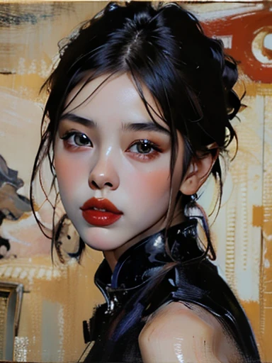 Modern Asian city，Beautiful girl，blue cheongsam, long black hair, seductive red lips，closeup，Close-up strengthened，portraitures，oil painted，inks，acrylic painting，masterpiece，Renaissance style，best quality，A high resolution，super-fine，Eyes detailed，Face det...