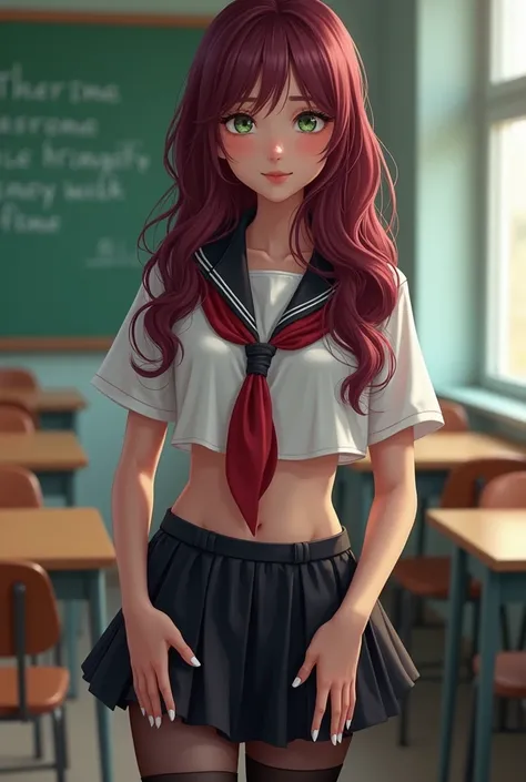 Ukrainian teenage girl wearing a student uniform, her shirt is tied in a nut river her belly button, her hairstyle is wavy long hair up to her ass and Bordeaux colored, green eyes, beautiful smile, she is standing shy on her classroom, new student, shy smi...