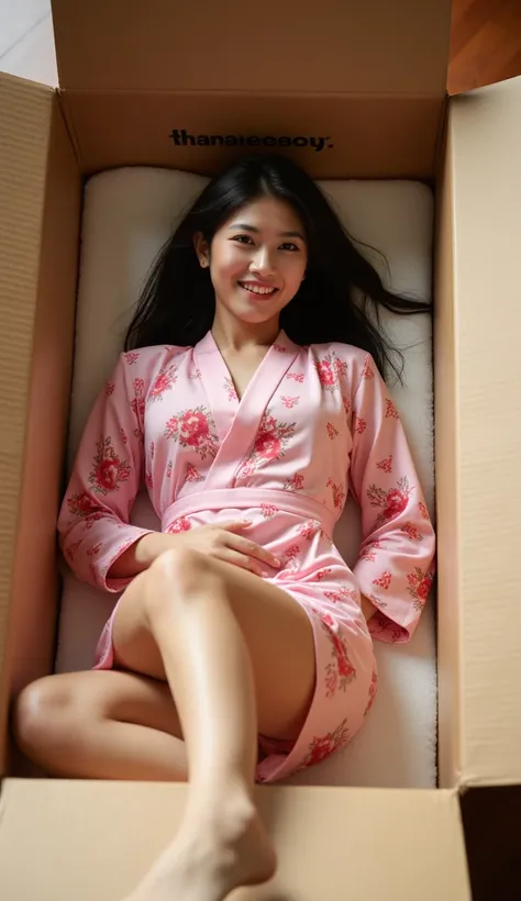 Imagine a beautiful voluptuous adult asian woman with soft black hair with kimono, Beautiful and realistic face, in japanese yukata dress, to show his feet, seductive and coquette smile, open her mouth and shows the teeth, (White skin), lying inside a card...