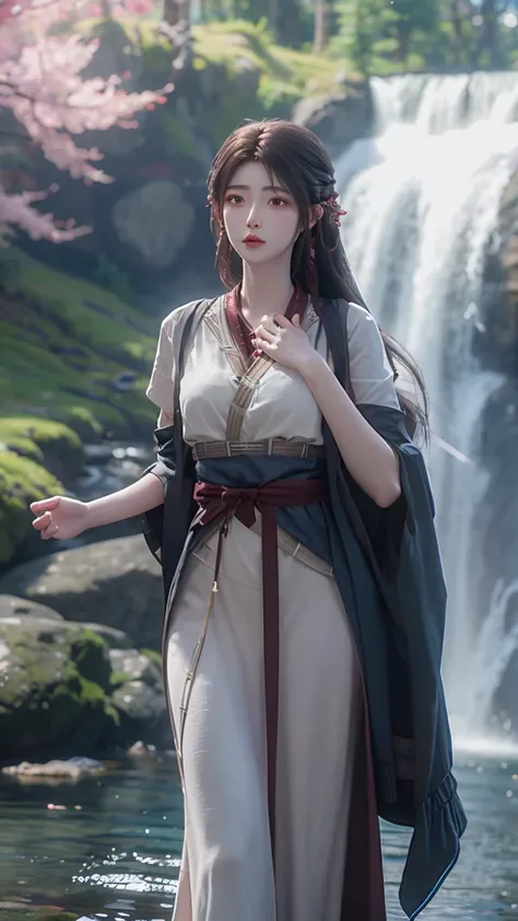 1girl, Solo, High Resolution,1girl, Solo, High Resolution, Black eyes, Closed Mouth, 8K Octane, wearing blue dress, Behind waterfall, Behind Pink Sakura trees