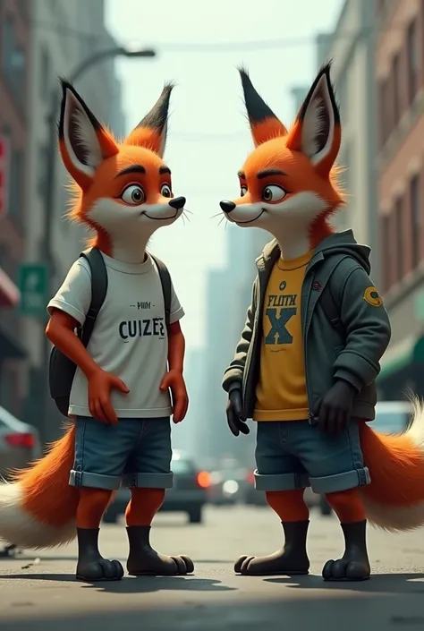 Make me a picture of a fox and a fox standing on their feet wearing a t-shirt and a jacket on the shirt and being on the street and being very afraid
 