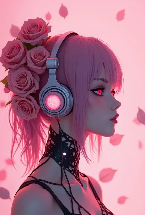 there is a woman with headphones on and a pink background, cyberpunk art inspired by Ai-Mitsu, trending on cgsociety, fantasy art, cyberpunk cyborg. roses, cyborg girl, beutiful girl cyborg, cyborg - girl, kind cyborg girl with flowers, cute cyborg girl, c...