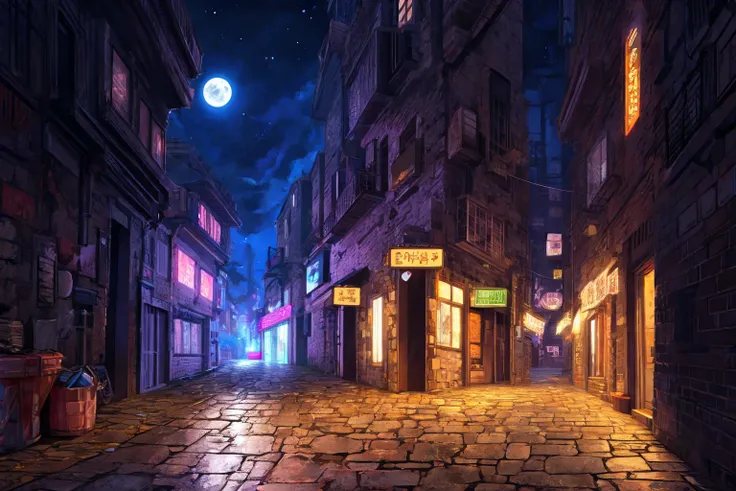 (sfw:1.5), (Scenario, Vision:1.4), (street, Alley:1.3), Stone brick floor, night,  in the dark, moon, Star, City, (Dim environment:1.4), (Dark Tones, Cool colors:1.2), 
( Best Quality , high resolution :1.2),  Mysterious and Romantic Ambience, Caustics(ref...