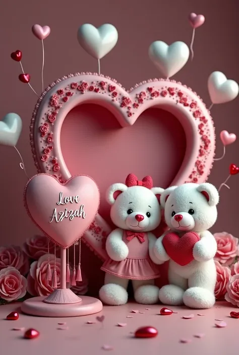  The picture shows a Valentines Day themed atmosphere with a teddy bear , heart, and flowers.
Gambar tersebut menampilkan bingkai besar berbentuk heart dengan nama "AZIZAH"  written in connecting letters on its red background .  The frame is decorated with...